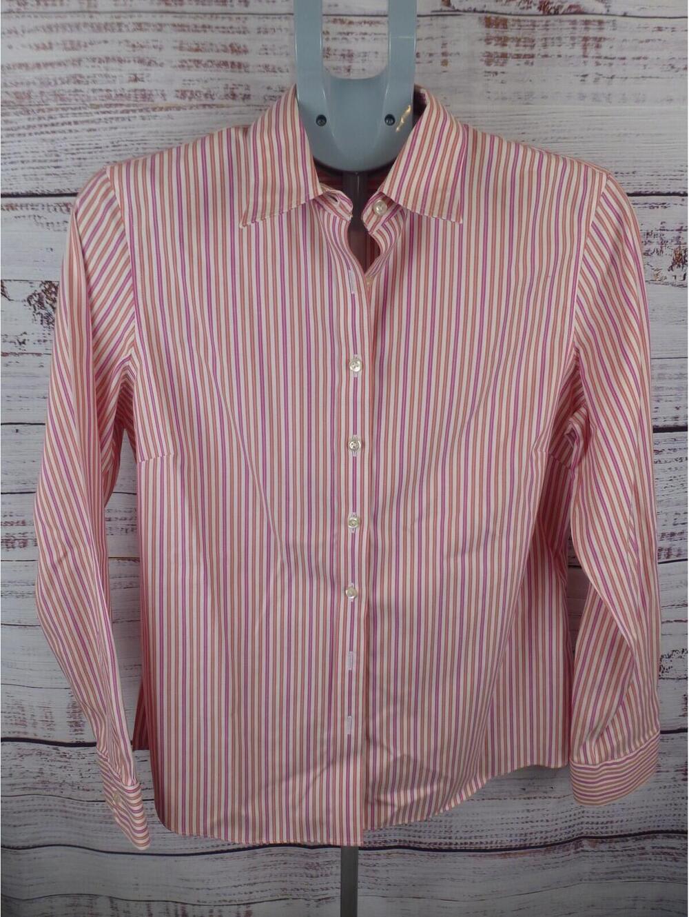 Lands' End Women's Size 10 No Iron Pinpoint Oxford Stripe Button-Down Top G5